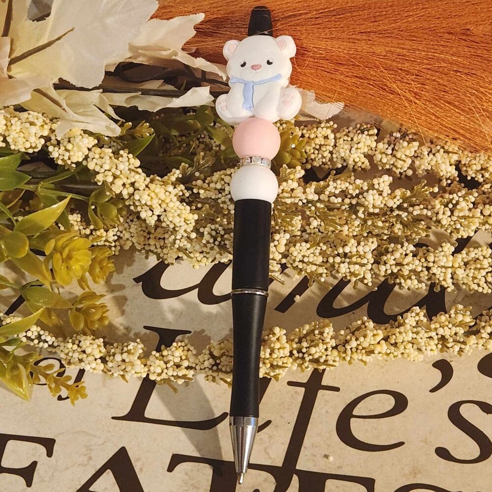 Beadable Pen "Pink and White Cuddly Bear" #59